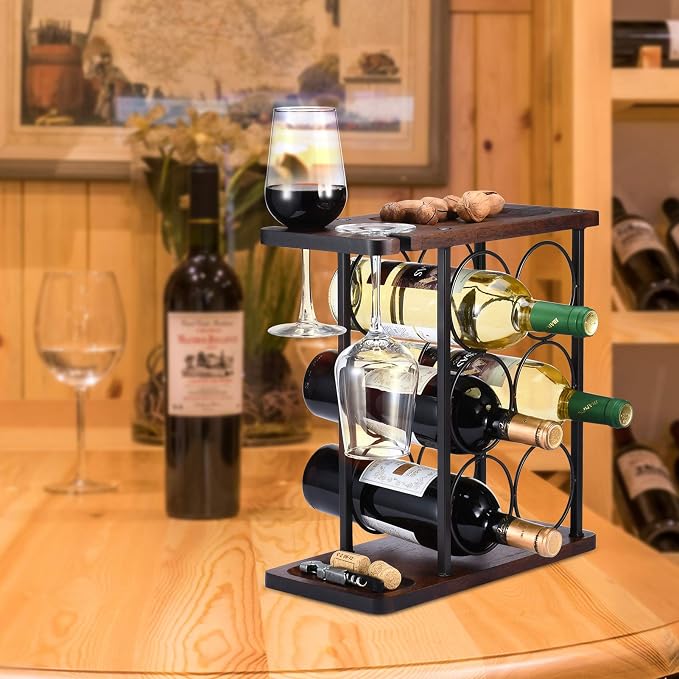 ALLCENER Wine Rack with Glass Holder, Countertop Wine Rack, Wooden Wine Holder - Image 3
