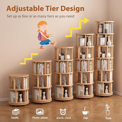 Solid Wood Rotating Bookshelf on Wheels, 6 Tier, Round Revolving Bookcase - Image 7