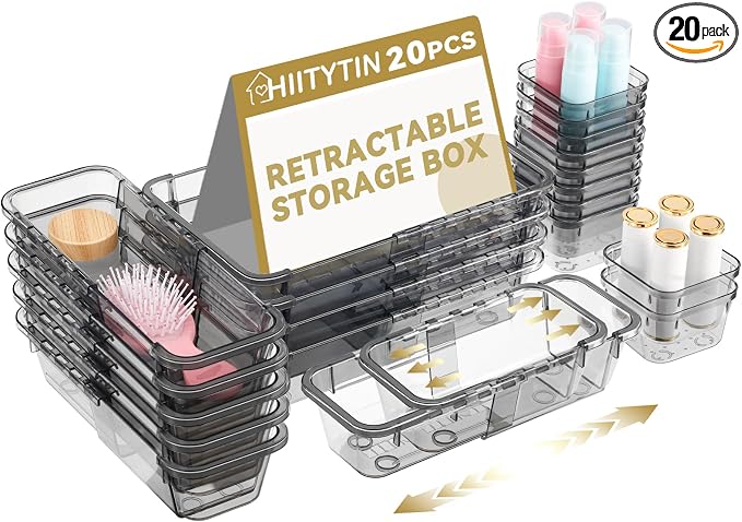 20 Pcs Adjustable Clear Drawer Organizer, Extendable Vanity Storage Bins by Hiitytin
