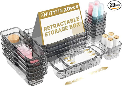 20 Pcs Adjustable Clear Drawer Organizer, Extendable Vanity Storage Bins by Hiitytin