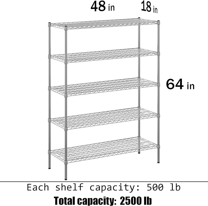 18" Deep x 48" Wide x 64" Height Wire Shelving Kit | 5-Tier | NSF Commercial - Image 3
