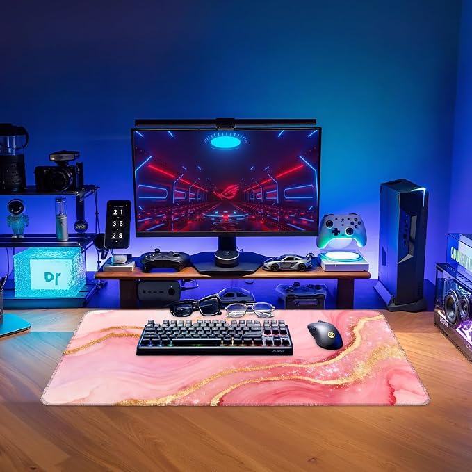 Pink and Gold Stripes Gaming Mouse Pad 31.5"x11.8"Desk Mat Anti-Slip Rubber - Image 9