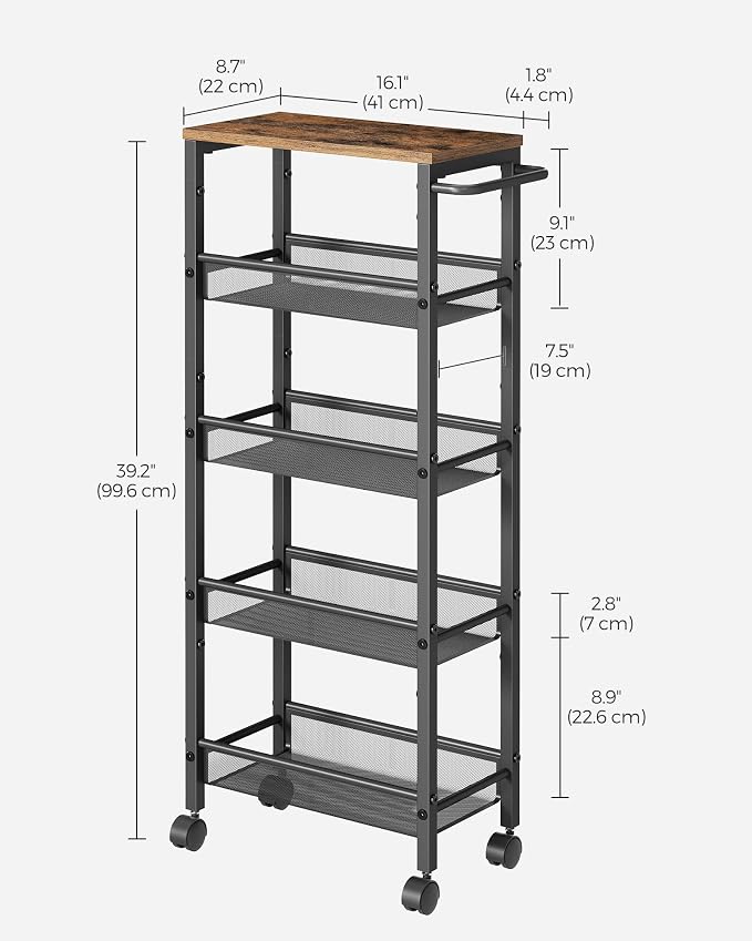 VASAGLE Slim Rolling Cart, 5-Tier Storage Cart, Narrow Cart - Image 6