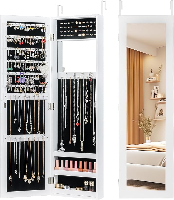 COSTWAY Full Length Mirror Jewelry Cabinet, Wall Door Mounted by COSTWAY