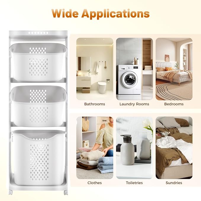 3 Tier stackable Laundry Basket Sorter Portable Rolling Cart Clothes Storage - Image 3