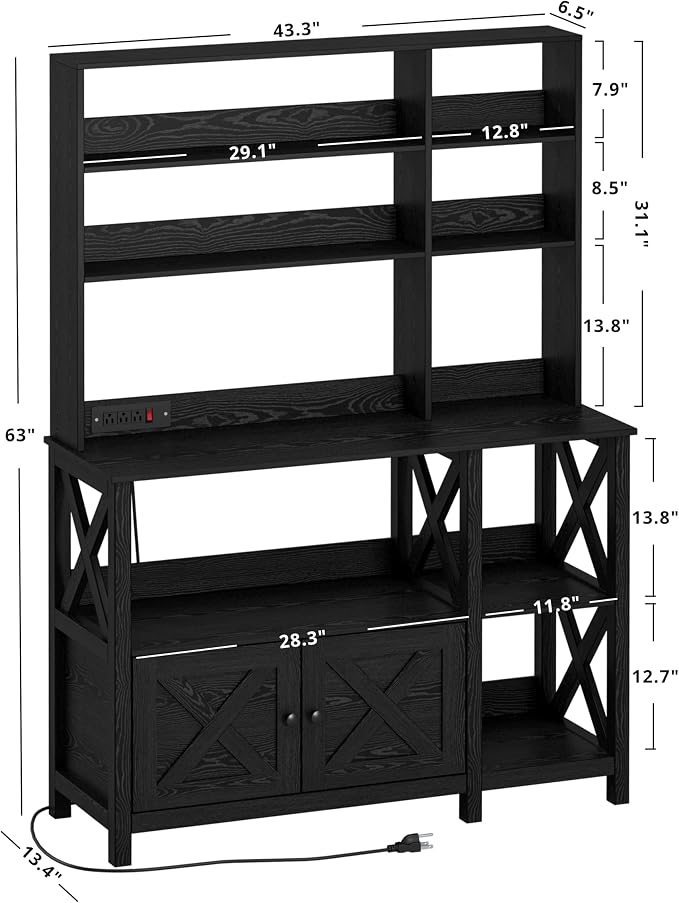 IRONCK Bakers Rack with Power Outlet, 45in Wide Coffee Bar Cabinet with Storage - Image 3