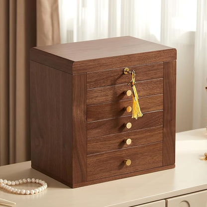 CHOSIN Black Walnut Wooden Jewelry Box, 6-Layer Lockable Wood Jewelry Organizer - Image 2