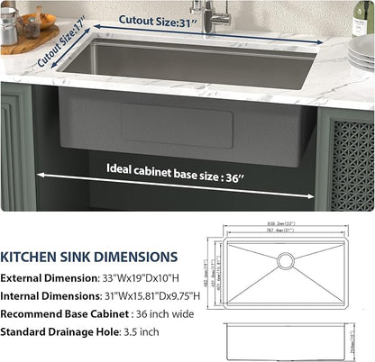 Lordear 33 Undermount Kitchen Sink 33" x 19" Stainless Steel Sinks 16 Gauge - Image 4