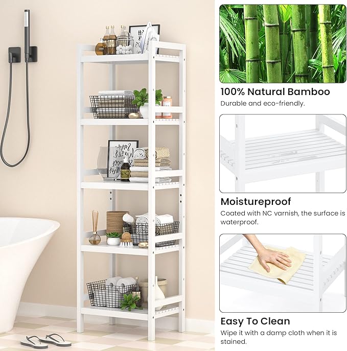 Homykic Bamboo Bookshelf, 5-Tier Narrow 55.9” Adjustable Book Shelf Bookcase - Image 6