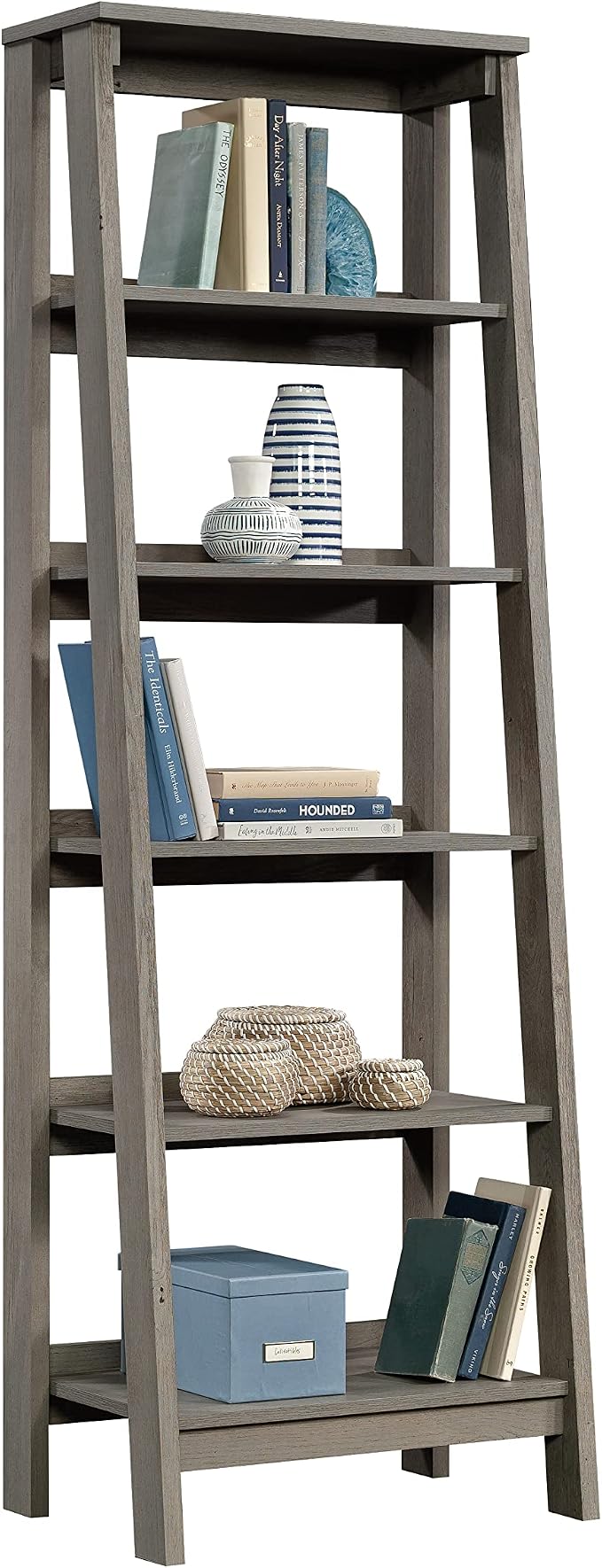 Sauder Ladder Bookshelf 5 Tier Trestle Ladder Shelf Wooden Bookcase, in Mystic - Image 6