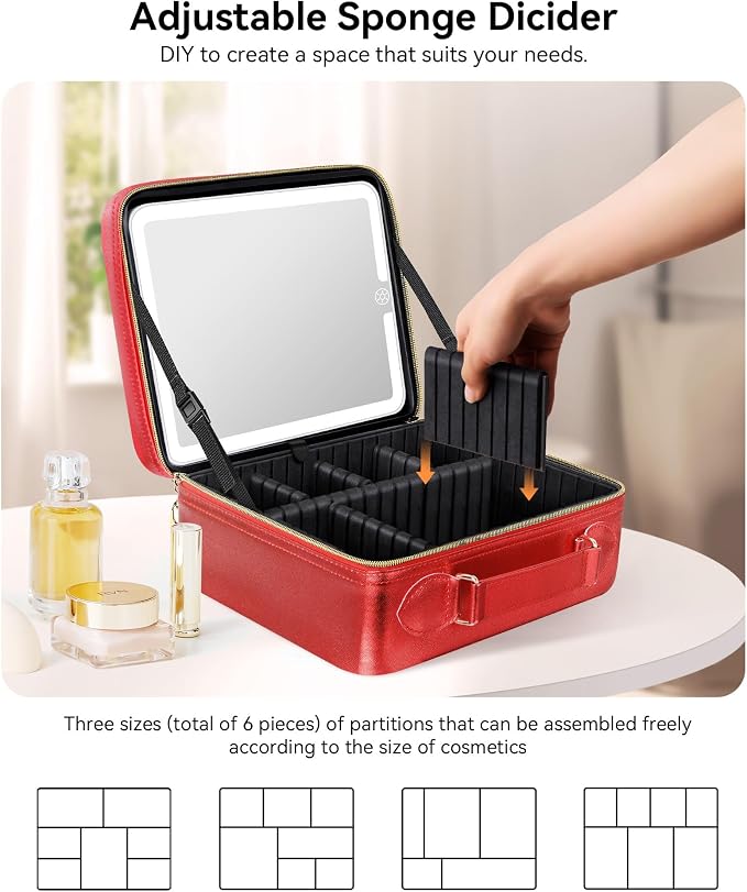 JUSRON Travel Makeup Bag With LED Mirror, Cosmetic Train Case with Light up - Image 4