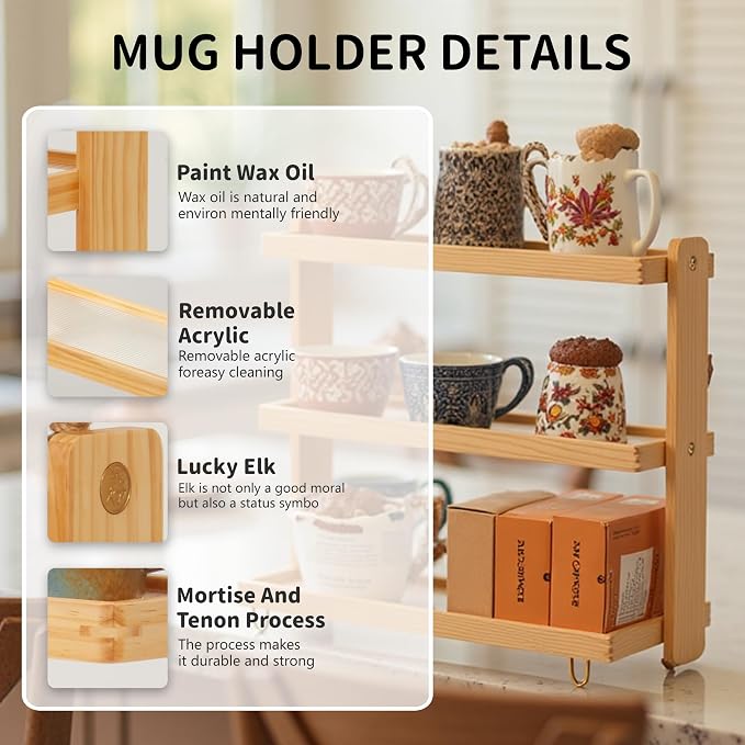 Coffee Mug Holder Wooden Cup Rack, 3-Tier Acrylic Home Mug Display Rack - Image 3