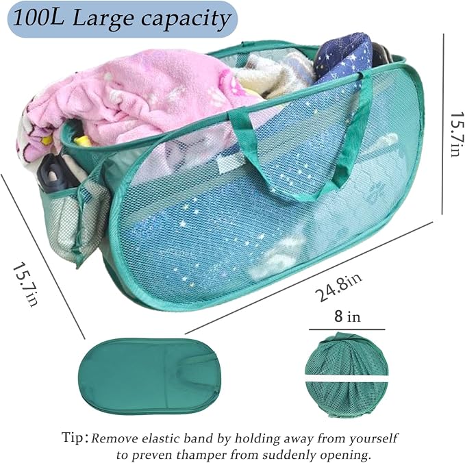 100L Foldable Laundry Baskets 2 Pack, Extra Large Mesh Pop Up Laundry Hamper - Image 2