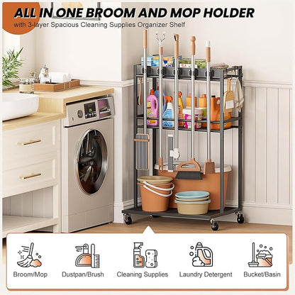 Broom Holder with Cleaning Supplies Organizer, Broom Closet Storage Cabinet - Image 2