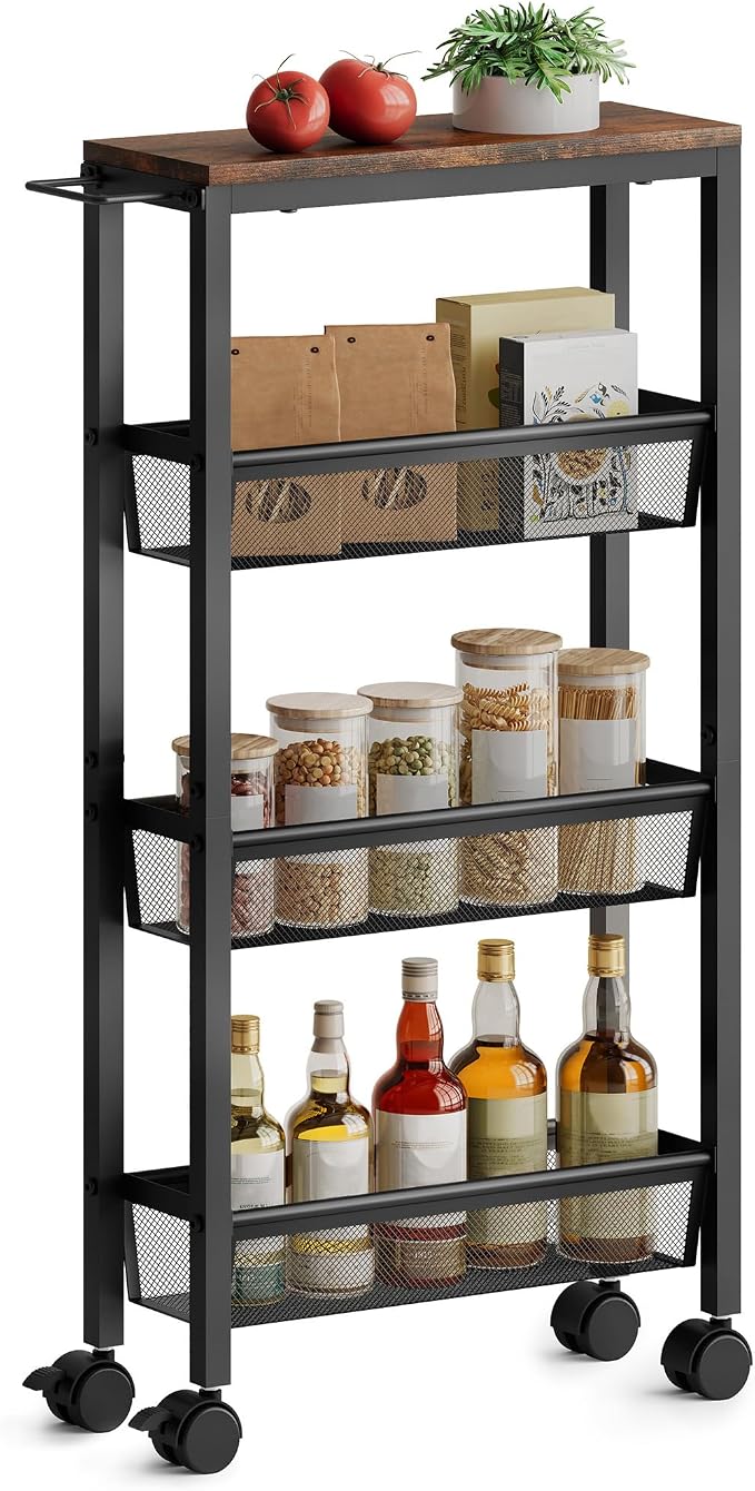 Hoctieon Slim Rolling Storage Cart, 4-Tier Narrow Kitchen Storage Cart by Hoctieon