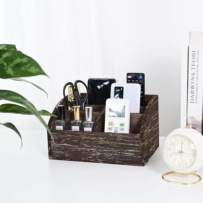OKSQW Wood Desk Organizer, Solid Wooden Dark Brown Pen Holder - Image 6