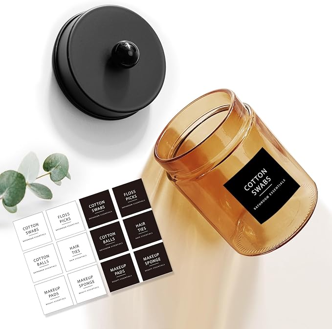Amolliar Bronze Glass Apothecary Jar, Qtip Holder Metal Lid & Stickers - Image 3