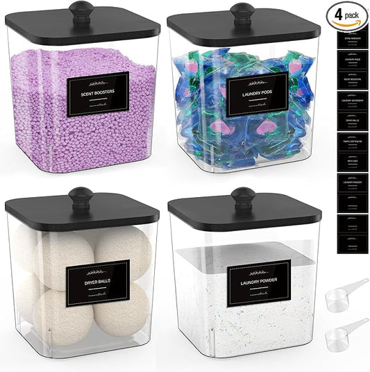 4 Pack Clear Laundry Pods Container, Plastic Square Laundry Room Organization by COAZEX