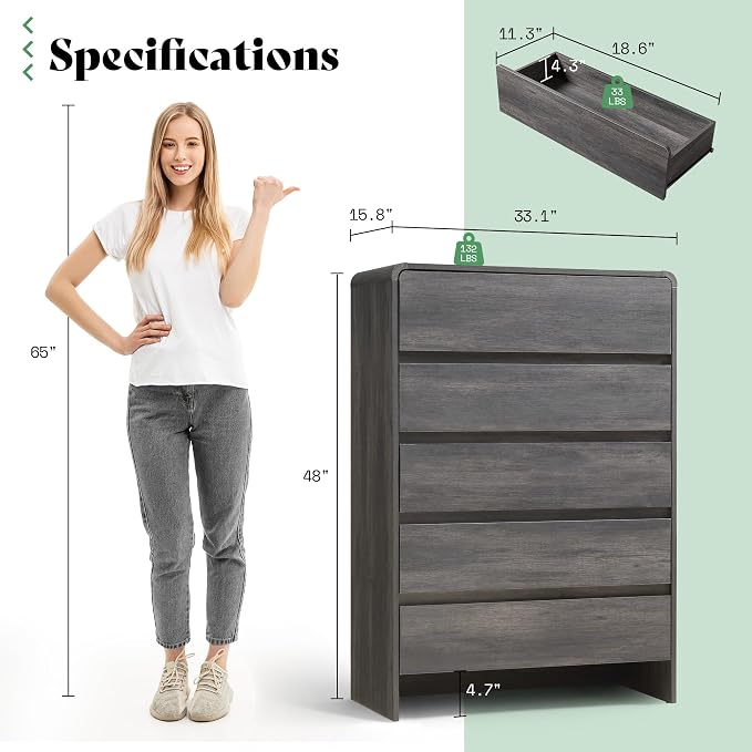 AMERLIFE 5 Drawer Dresser for Bedroom, Anti-Tip Kit, Wood Cabinet Organizer for - Image 2