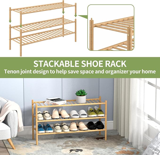 3-Tier Bamboo Long Shoe Rack, Free Standing Wood Shoe Shelf Storage Organizer - Image 6