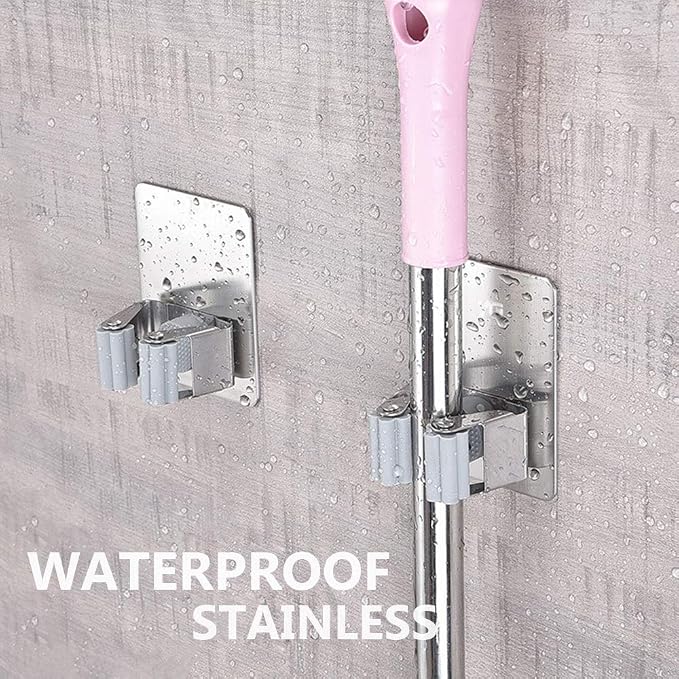 HANZE 2 Pack Stainless Steel Mop Broom Holder Organizer, Self Adhesive Wall - Image 4