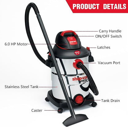 Shop-Vac 12 Gallon 6.0 Peak HP Wet/Dry Vacuum, Stainless Steel Tank, 3 in 1 - Image 4