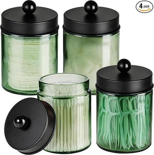 Amolliar Sage Green Qtip Holder, Glass Apothecary Jar Metal Lid & Stickers by Amolliar