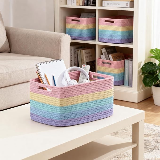 5 Pack Rainbow Woven Storage Baskets - Image 6