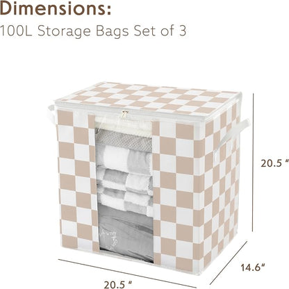 Beige Checkered Clothes Storage Bins, 100L Large Blanket Storage Bags 3 Pack - Image 2