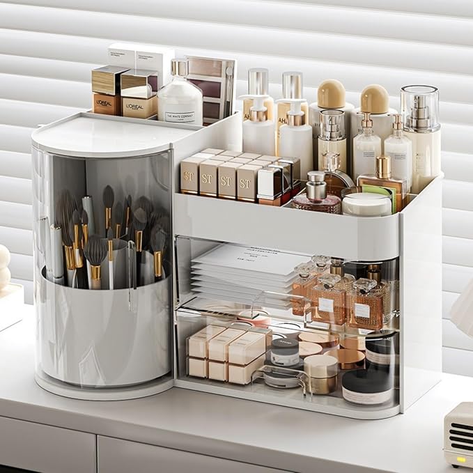 Makeup Organizer with Rotating Brush Holder Cosmetic Organizer with Drawers by Booklov