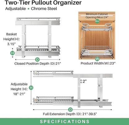 Pull out Cabinet Organizer, 2 Tiers 23"W X 21"D, Heavy Duty Smooth Sliding - Image 3