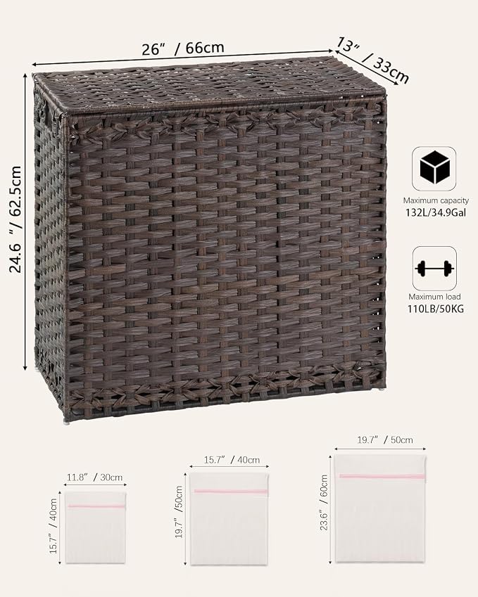 Laundry Hamper with Lid Laundry Basket 132 L Wicker Clothes Hamper, Handwoven - Image 5