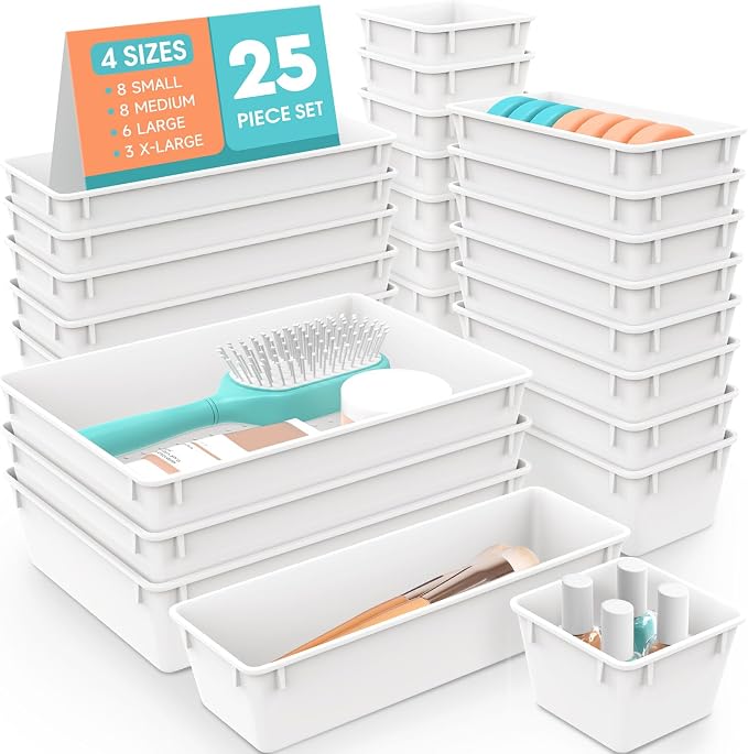 WOWBOX 25 PCS Plastic Drawer Organizer Set, 4 Sizes Desk Drawer Divider by WOWBOX