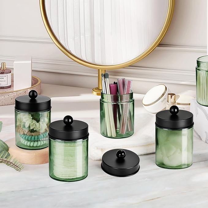 Amolliar Sage Green Qtip Holder, Glass Apothecary Jar Metal Lid & Stickers - Image 5