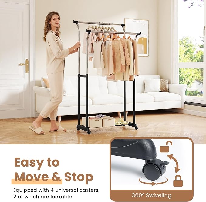 COSTWAY Double Rod Clothing Rack, Rolling Garment Rack - Image 4