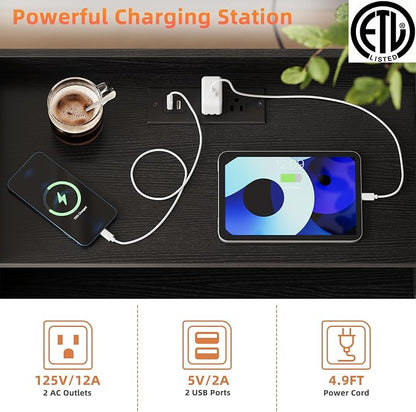 2 Pack Nightstand with Charging Station and LED Light, Modern Nightstand with - Image 4