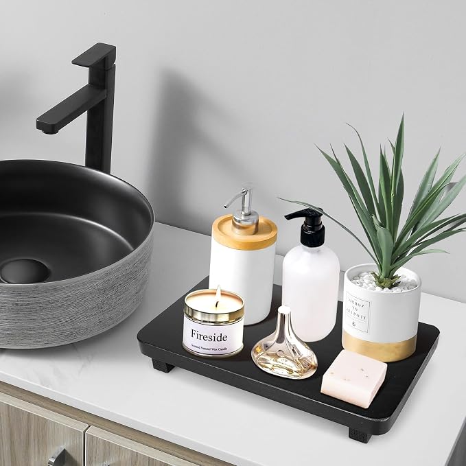 Black Bathroom Counter Organizer Tray Wood Riser Kitchen Countertop Trays Dish - Image 3