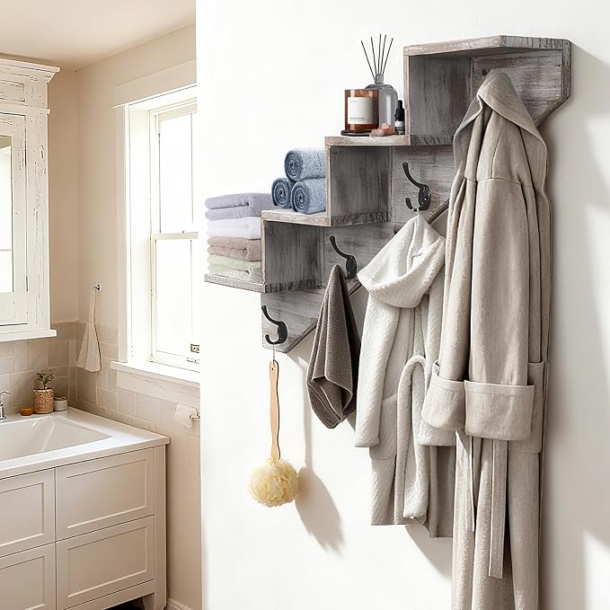 Coat Rack Wall Mount with Shelf, Wall Mounted Rise Wooden shelves - Image 3