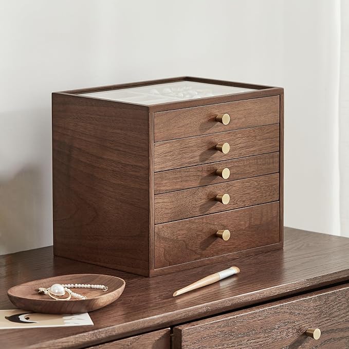 CHOSIN Black Walnut Wooden Jewelry Box Women large 5 Level Drawer Organizer Box - Image 6