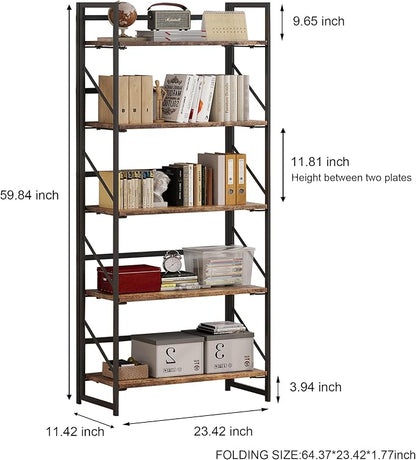JSB No Assembly Folding Bookshelf, 5 Tier Industrial Metal Book Shelf - Image 3