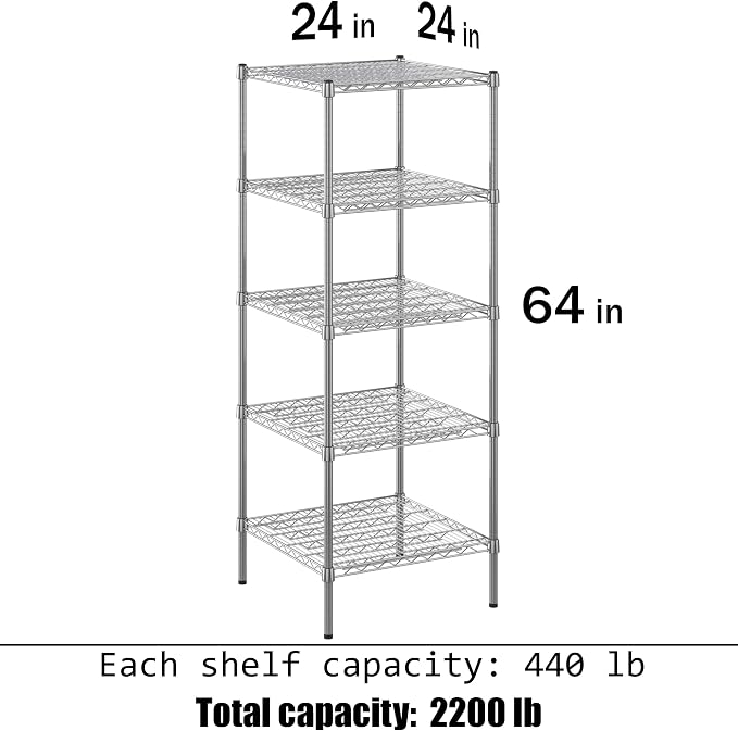 24" Deep x 24" Wide x 64" Height Wire Shelving Kit | 5-Tier | NSF Commercial - Image 3
