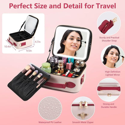 Travel Makeup Bag with Mirror of LED Lighted, Rechargeable Cosmetic Train Case - Image 4