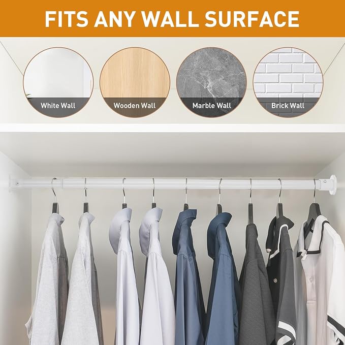 White Adjustable Closet Rod 18-63 Inches, Heavy Duty Metal Clothes Hanging Rod - Image 7