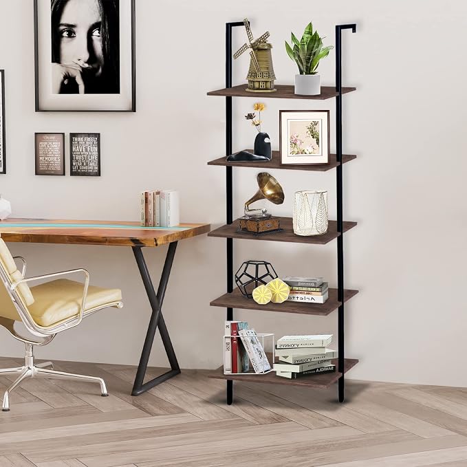 5 Tiers Ladder Shelf Brown Modern Bookshelf Open Tall Wall Mount Bookcase - Image 6