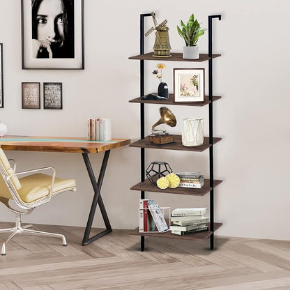 5 Tiers Ladder Shelf Brown Modern Bookshelf Open Tall Wall Mount Bookcase - Image 6