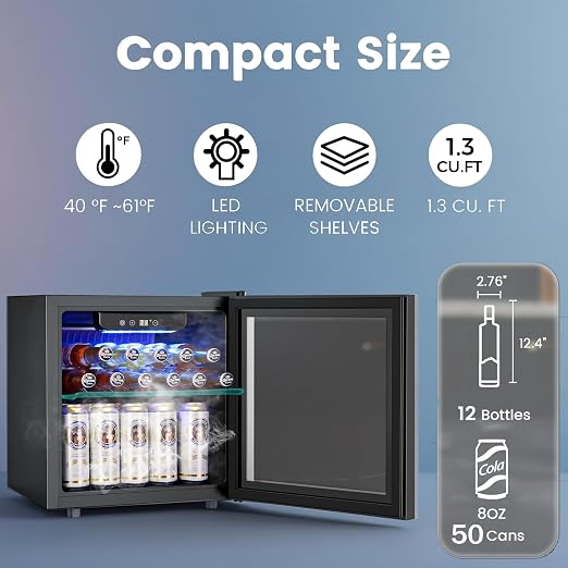 COWSAR Beverage Refrigerator, 50 Cans Wine Cooler, ETL Approved 1.3 Cu.ft Mini - Image 2
