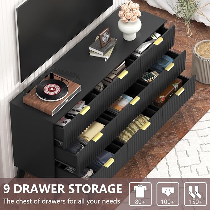 Fluted Black Dresser for Bedroom, 9 Drawer Dresser for Closet, TV Stand - Image 3