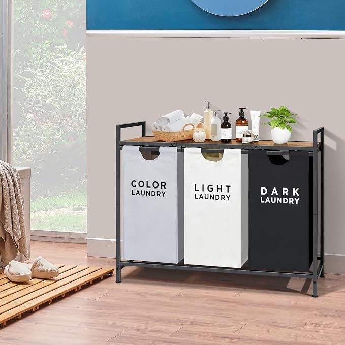 Ollieroo Laundry Hamper, Rolling Laundry Sorter 3 Section, Large Capacity - Image 3