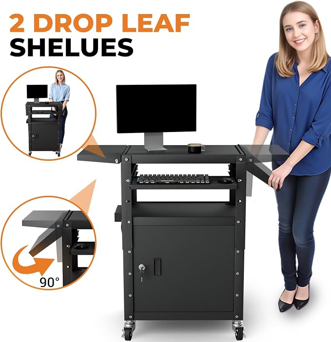 Mobile AV Cart with Pullout Keyboard Tray, Rolling Computer Cart Height - Image 4