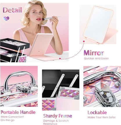 Makeup Case with Lighted Mirror Travel Makeup Organizer Box 2 Trays Lockable - Image 7